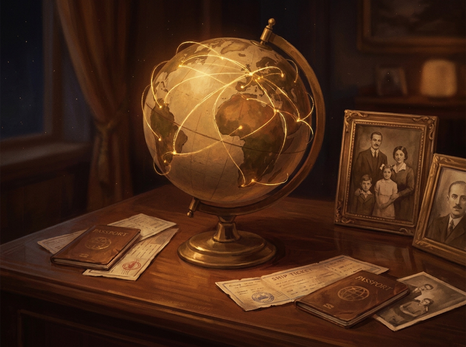 Migration globe with family photographs